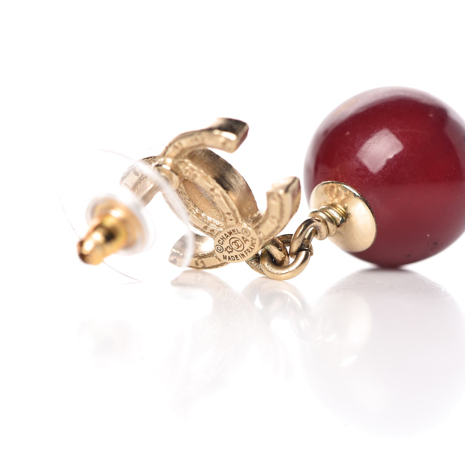 Chanel CC Bead Drop Earrings Gold Red 4 of 5