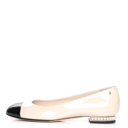 Chanel Patent Calfskin Pearl Cap Toe Flats 39.5 Light Beige Black 1 of 20