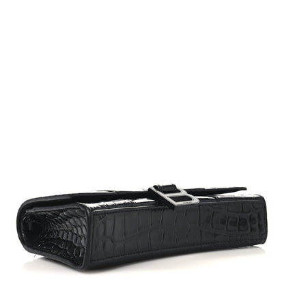 Balenciaga Shiny Calfskin Monochrome Crocodile Embossed Small Hourglass Evening Chain Bag Black 4 of 9