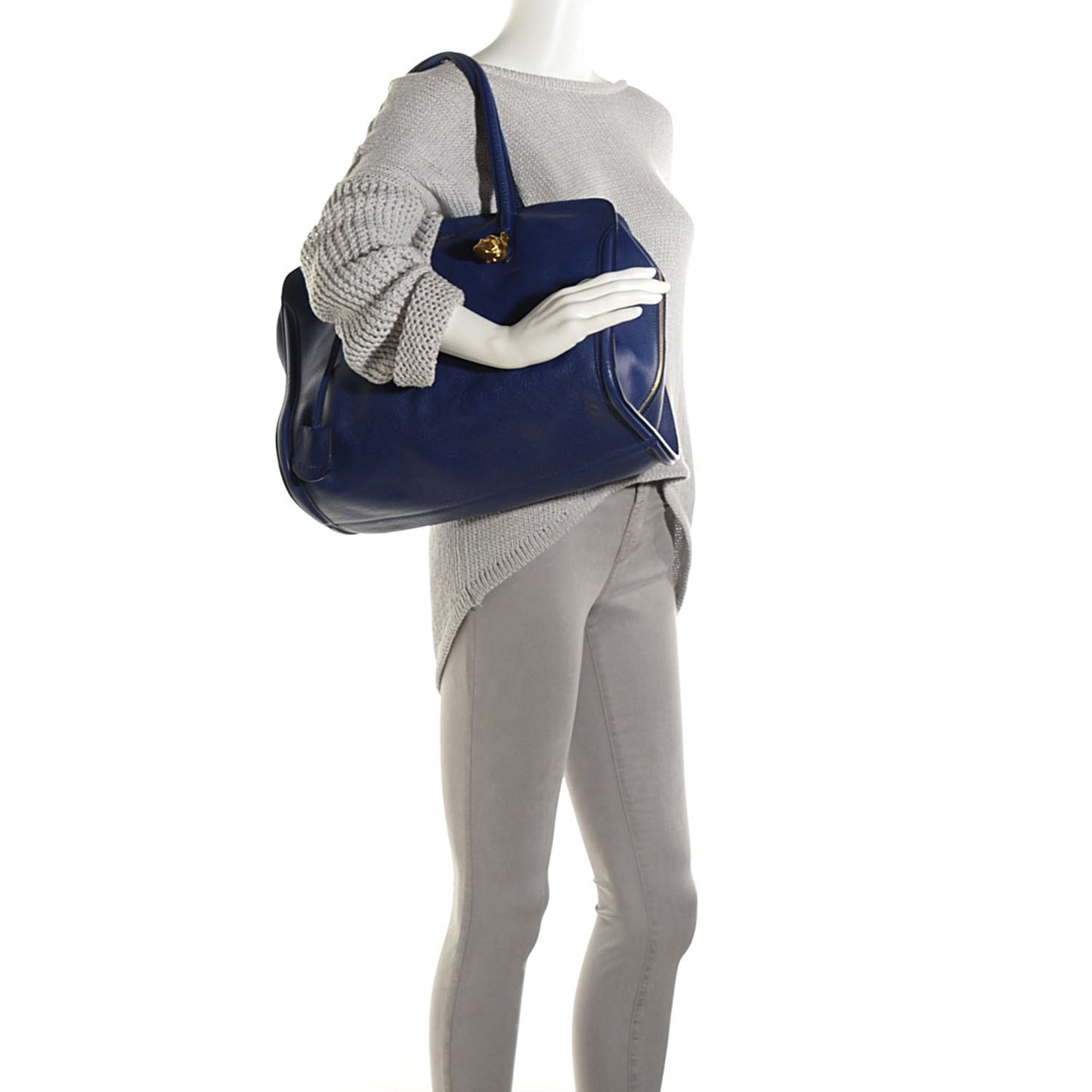 Pebbled Calfskin Large Skull Padlock Zip Around Tote Blue