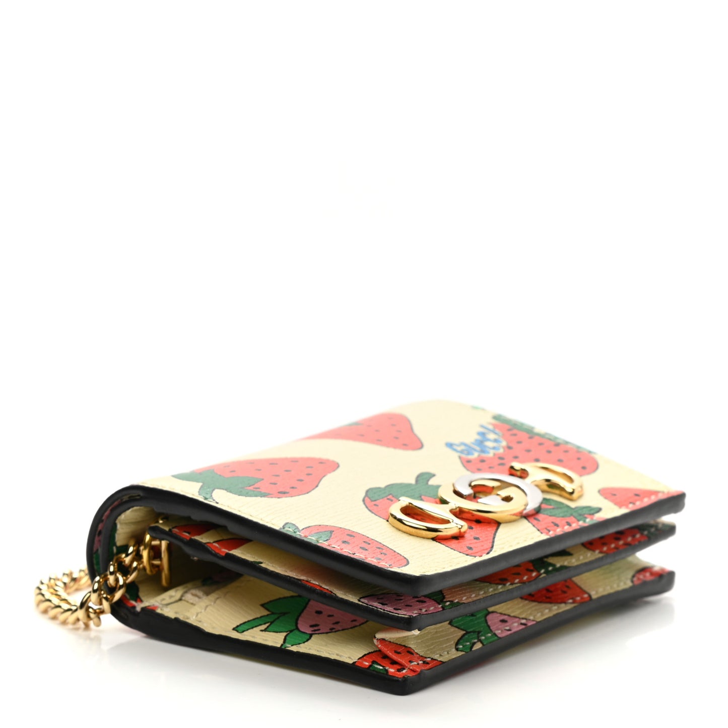Calfskin Strawberry Print Zumi Chain Card Case Wallet Ivory Red