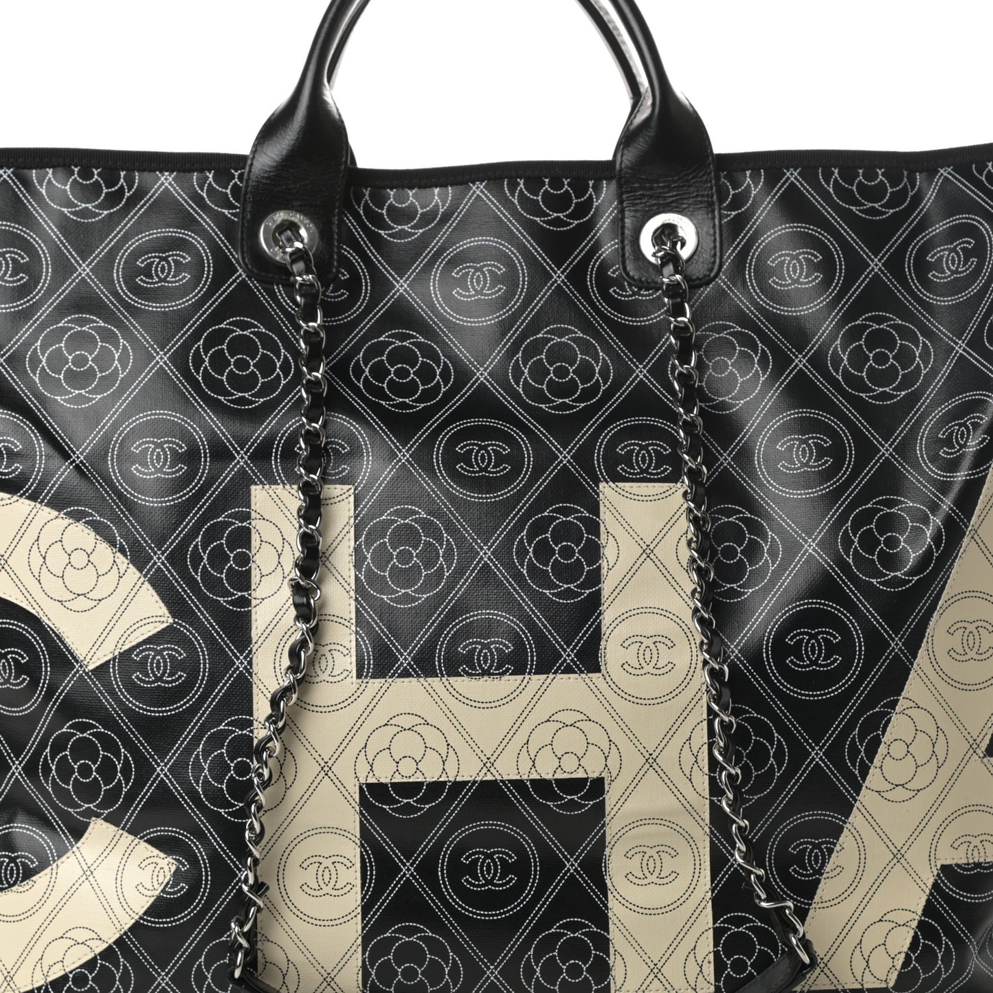 Coated Canvas Camellia Large Shopping Tote Black Beige