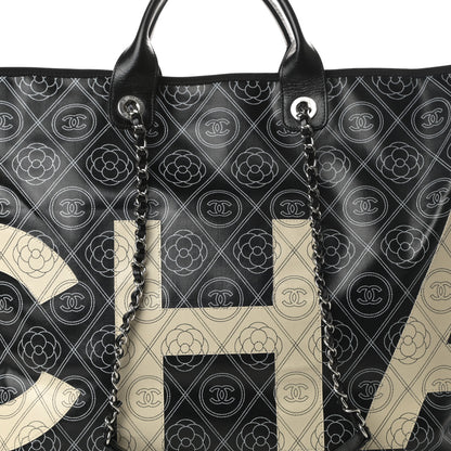 Chanel Coated Canvas Camellia Large Shopping Tote Black Beige 8 of 10