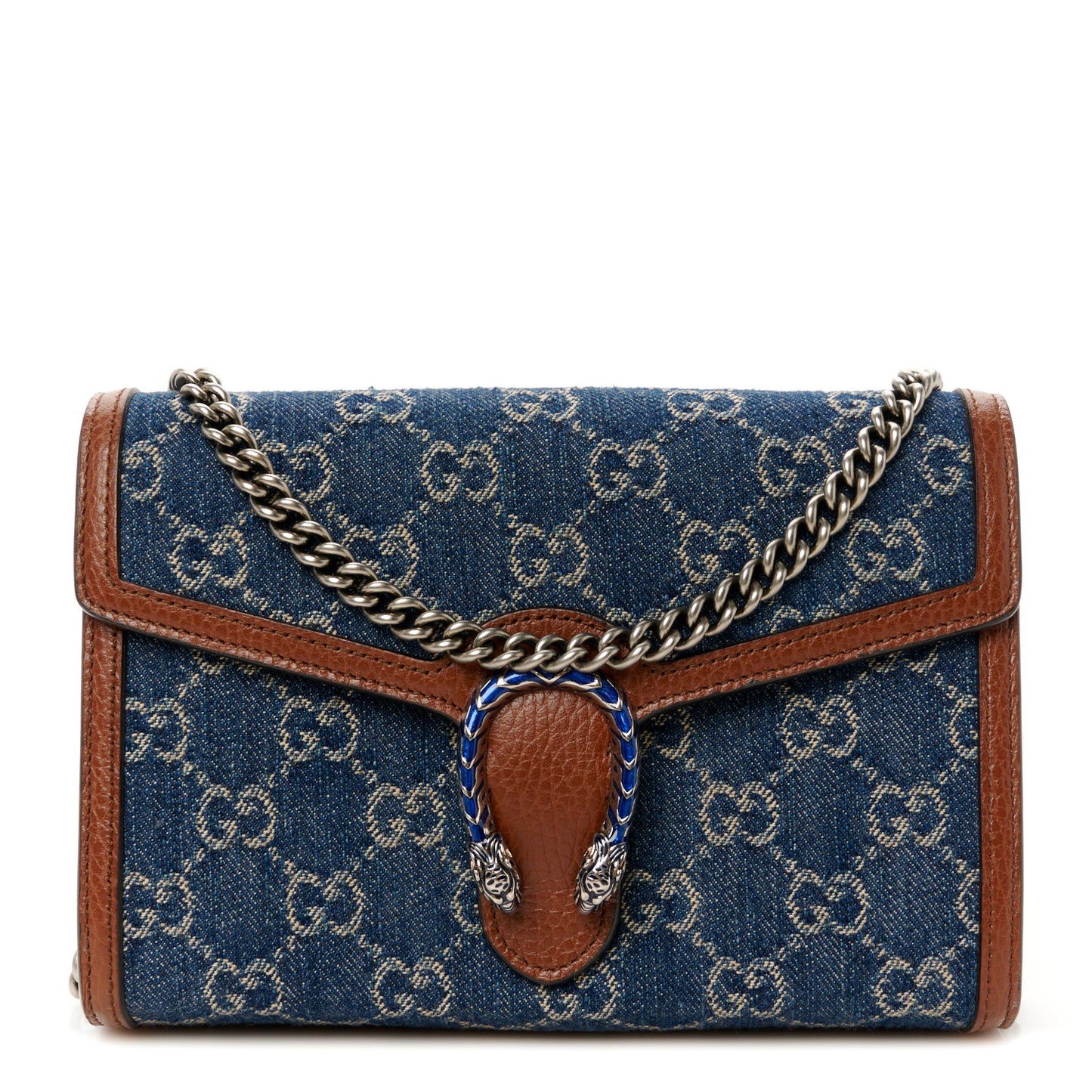 New Denim GG Monogram Dollar Calfskin Enamel Mini Dionysus Chain Wallet Blue Tea Cuir Epilog Electric Blue