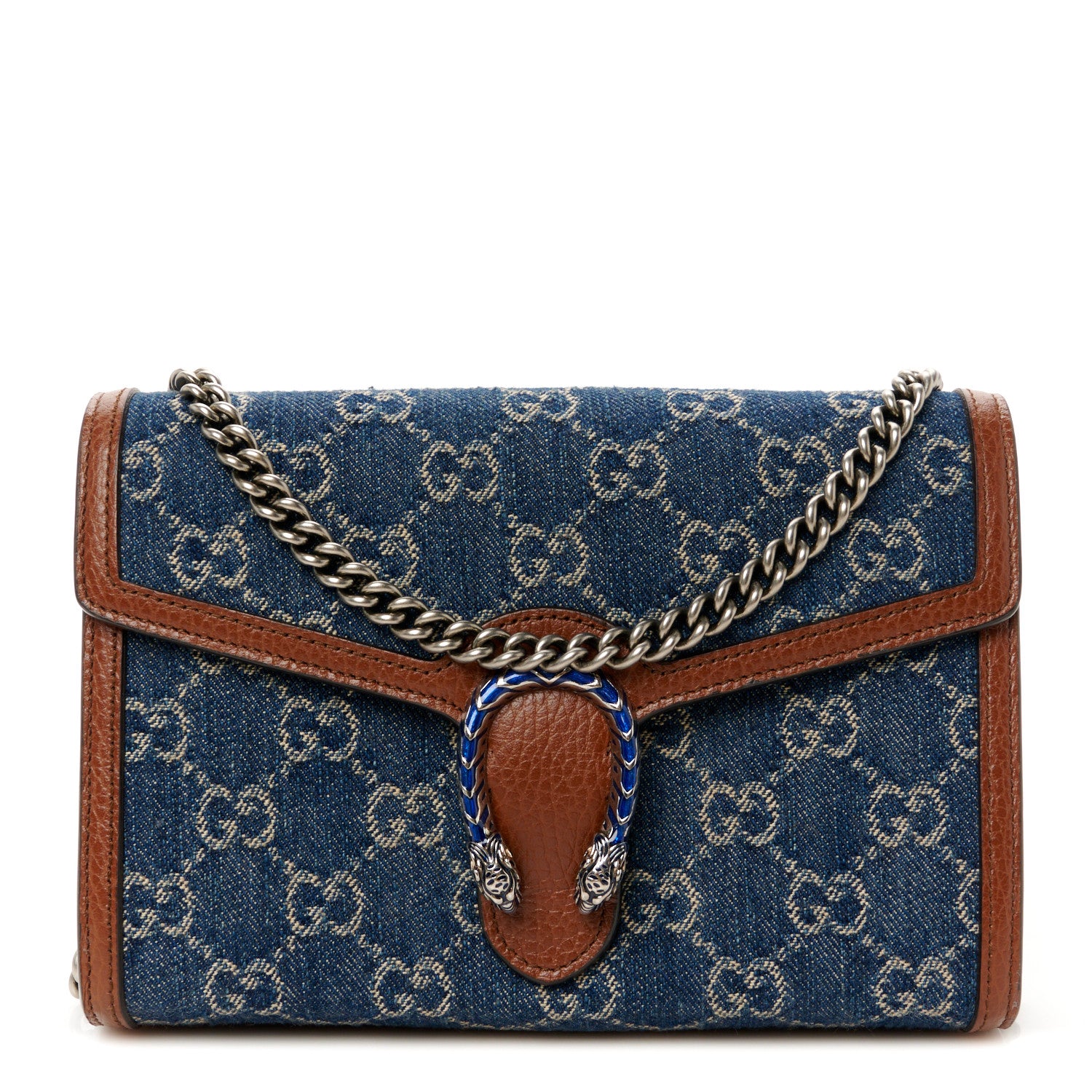 Gucci New Denim GG Monogram Dollar Calfskin Enamel Mini Dionysus Chain Wallet Blue Tea Cuir Epilog Electric Blue 1 of 10