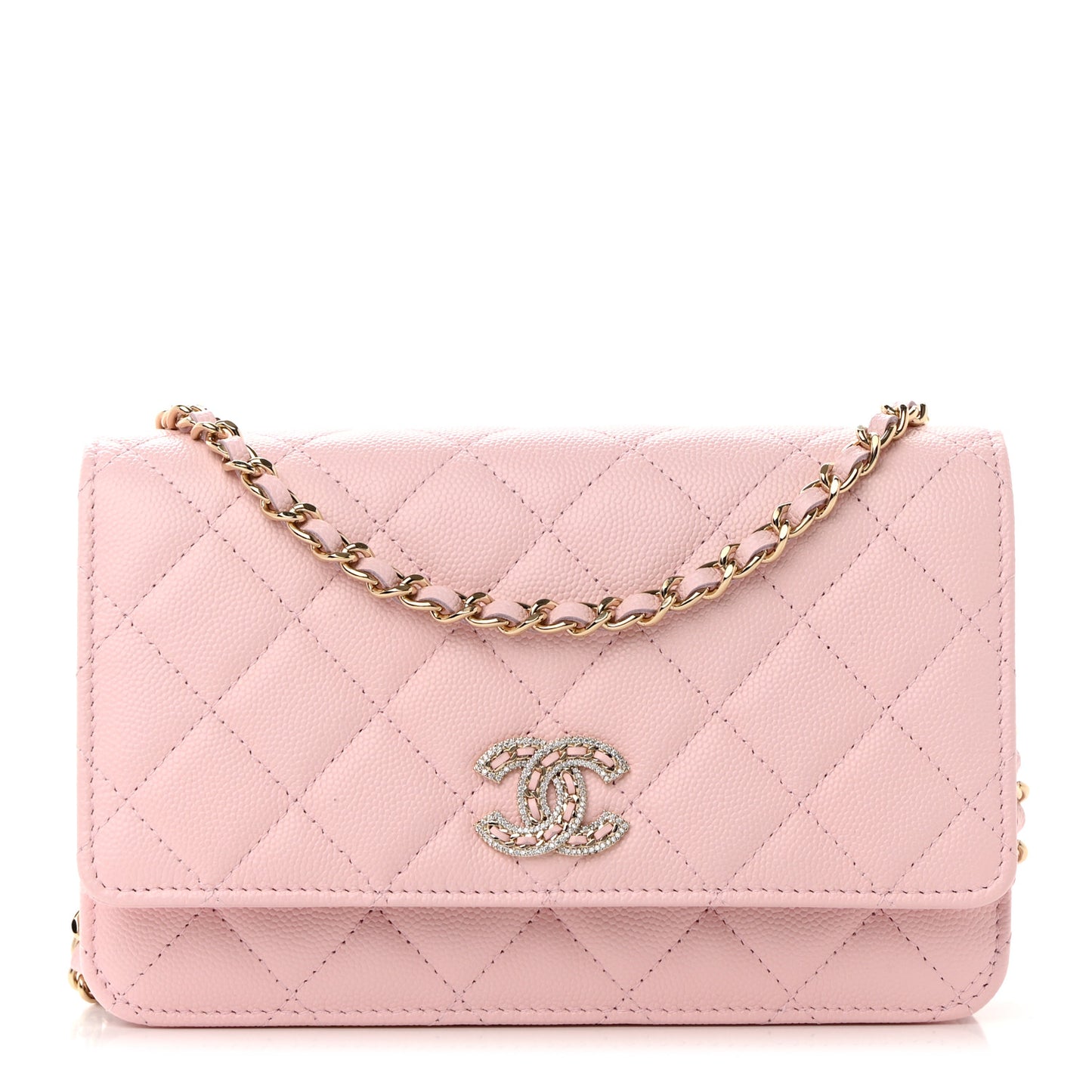 Caviar Quilted Crystal CC Wallet On Chain WOC Light Pink
