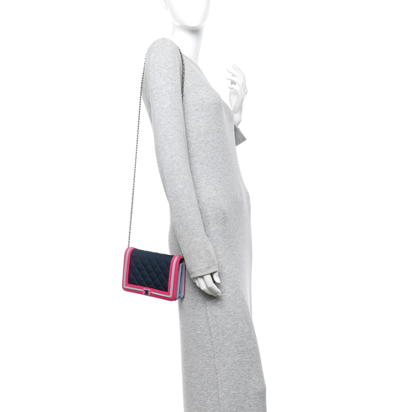 Canvas Quilted Fluo Boy Wallet On Chain WOC Dark Navy Fuchsia Grey