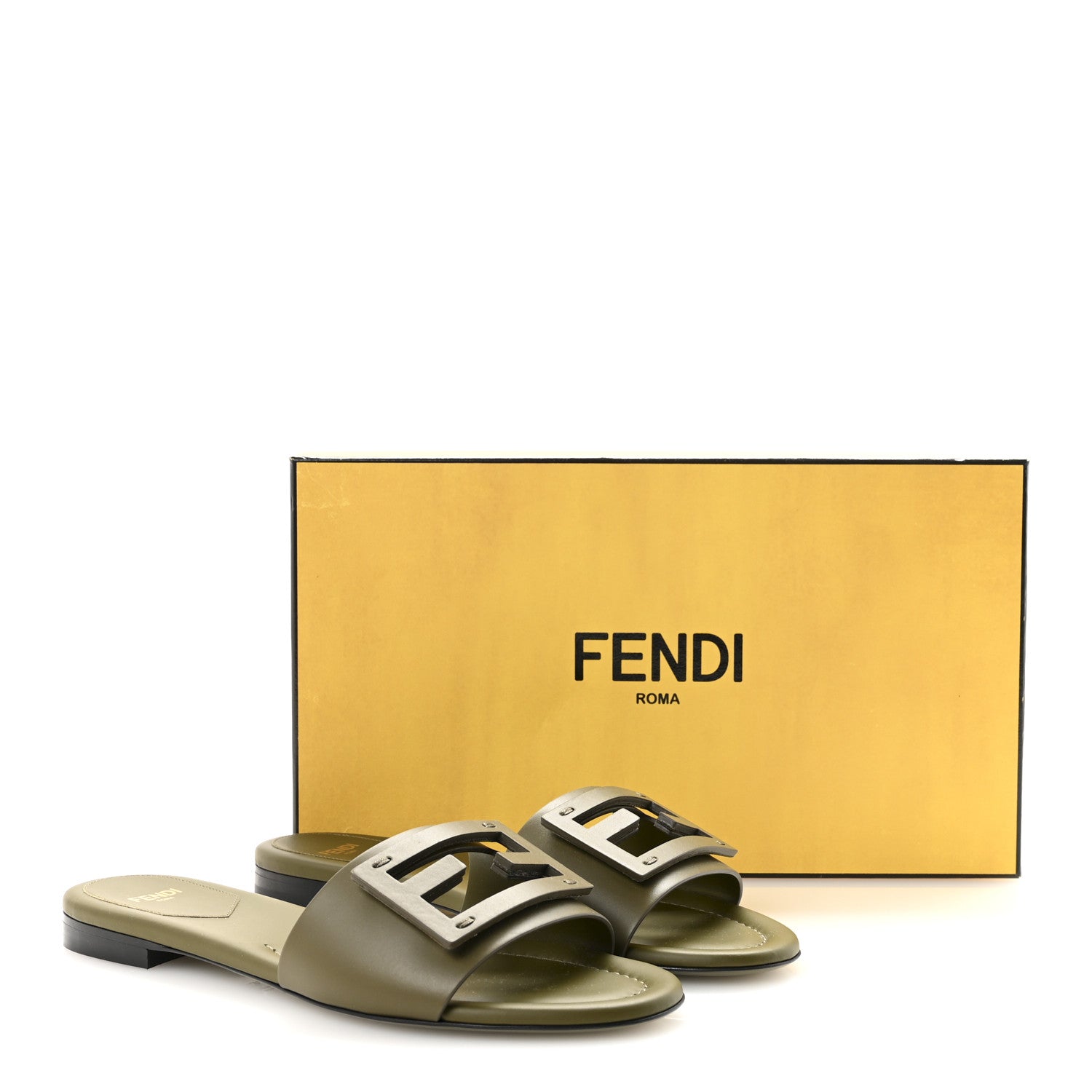 Fendi Calfskin FF Logo Plaque Slide Sandals 37 Militare 1802001