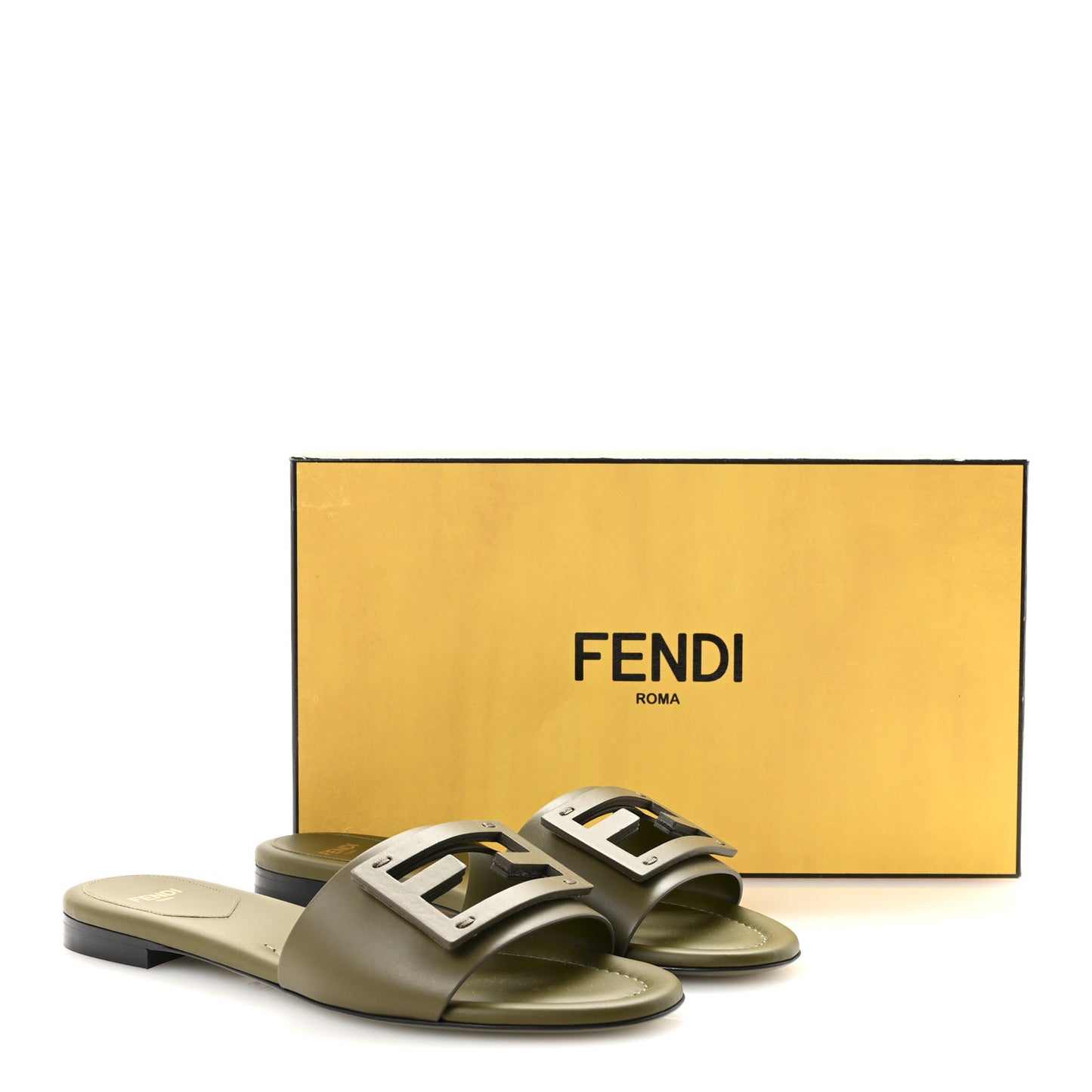 Calfskin FF Logo Plaque Slide Sandals 37 Militare