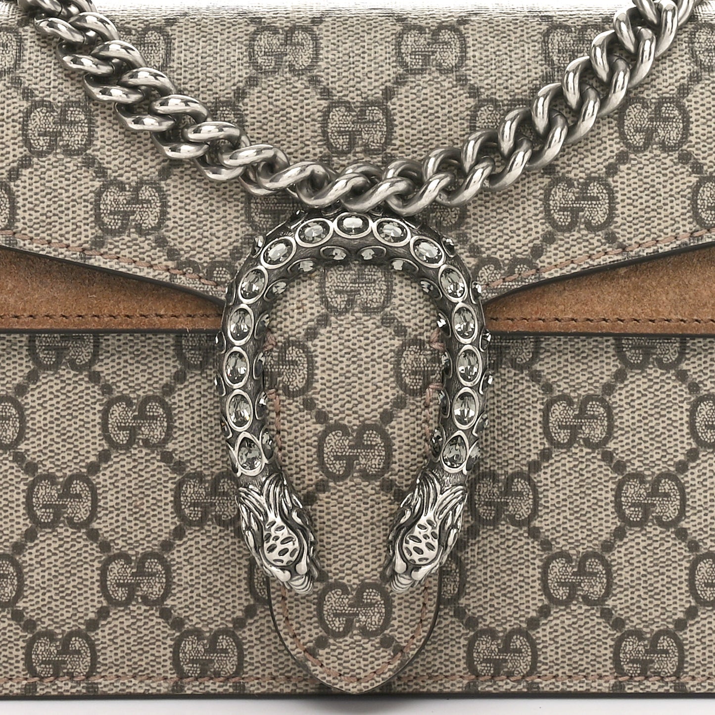 GG Supreme Monogram Suede Crystal Small Dionysus Shoulder Bag Beige Ebony Taupe