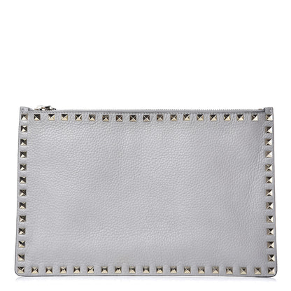 Valentino Garavani Pebbled Calfskin Large Rockstud Zip Pouch Pastel Grey 1 of 8
