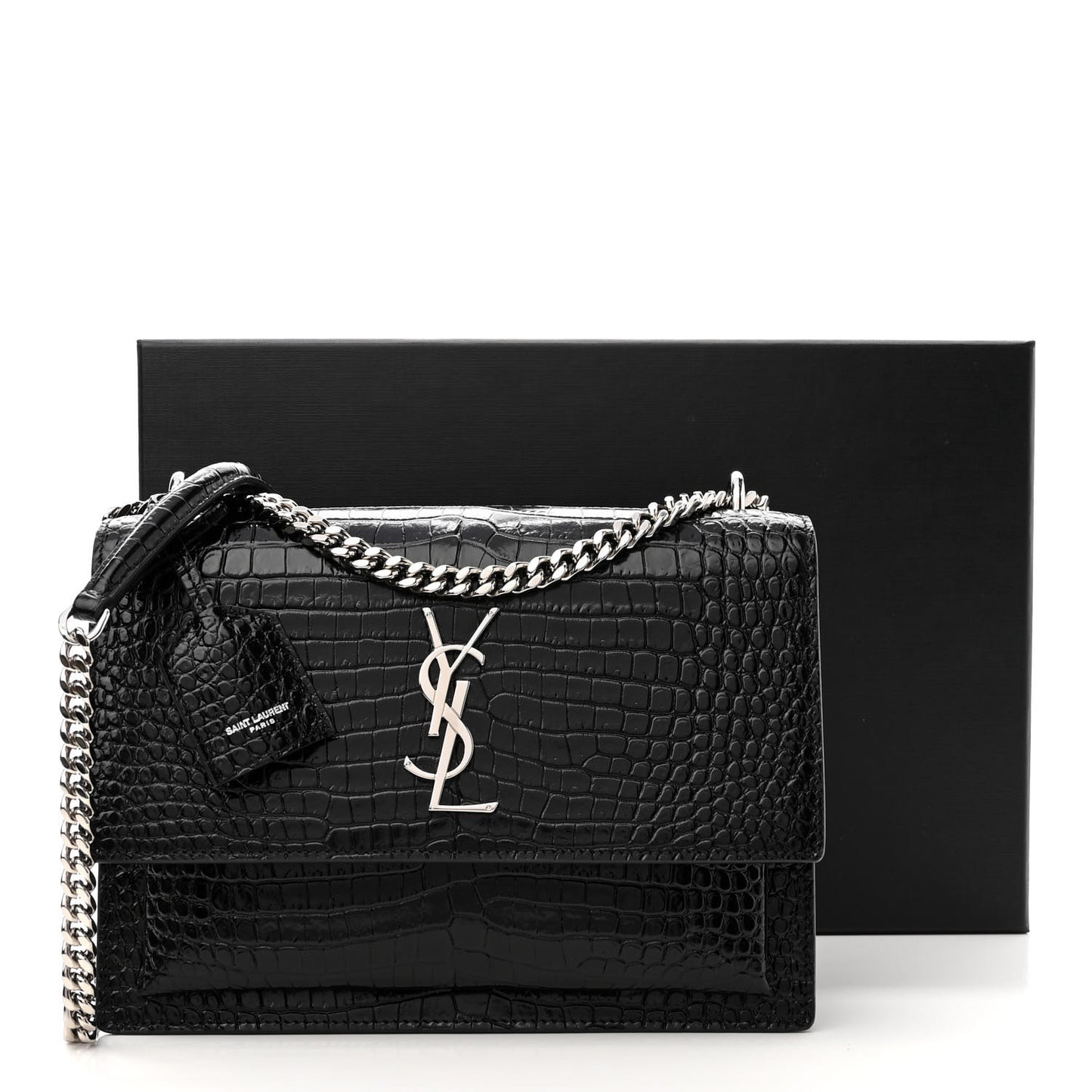 Calfskin Crocodile Embossed Medium Monogram Sunset Black