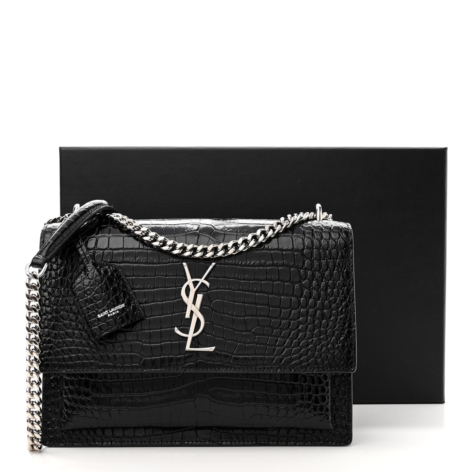 Saint Laurent Calfskin Crocodile Embossed Medium Monogram Sunset Black 10 of 10