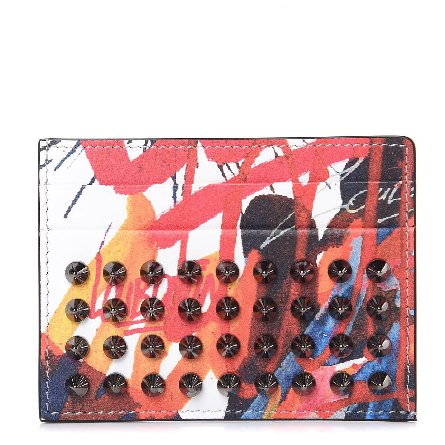 Calfskin Graffiti Spike Card Holder White Multicolor