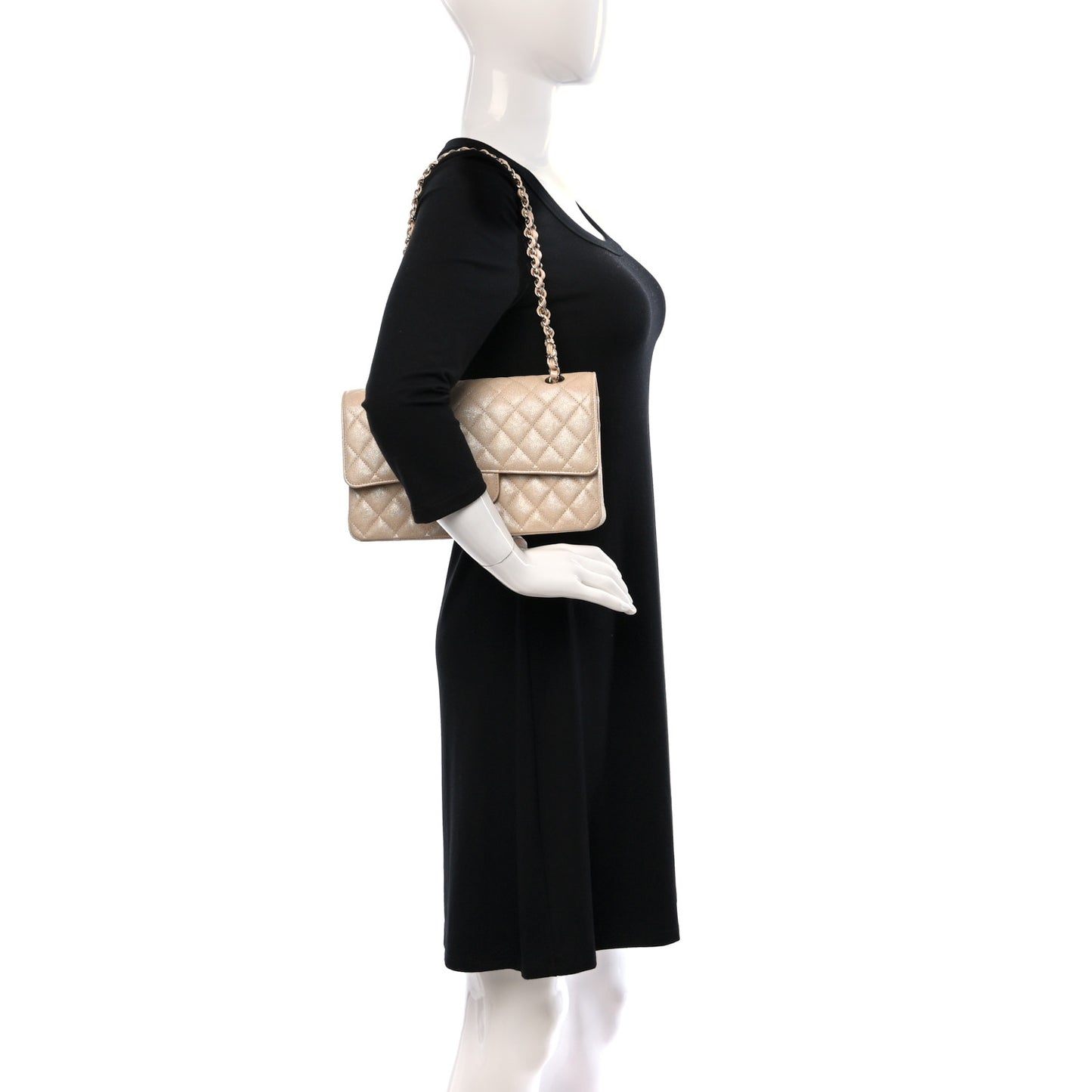 Iridescent Caviar Quilted Medium Double Flap Beige