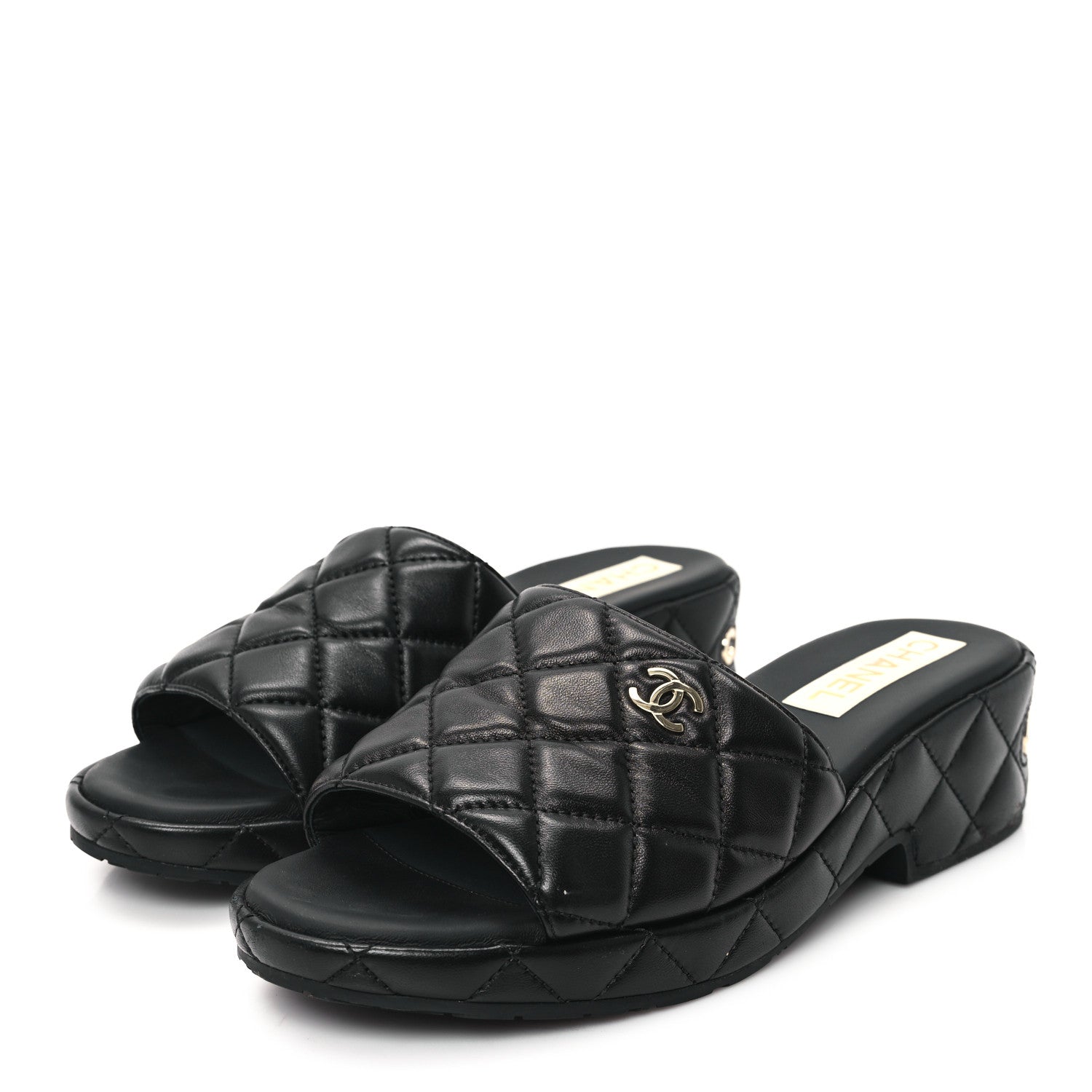 Chanel Lambskin Quilted CC Mules Wedge Sandals 40 Black 4 of 9
