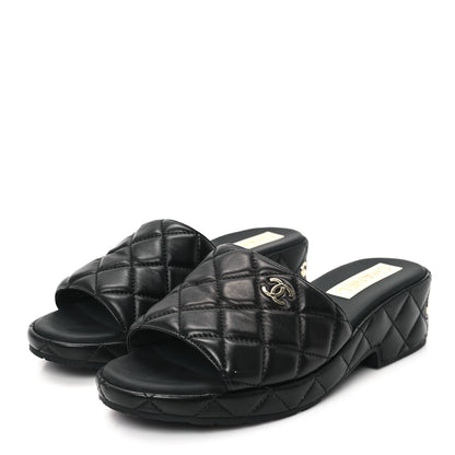 Chanel Lambskin Quilted CC Mules Wedge Sandals 40 Black 4 of 9