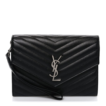 Saint Laurent Grain De Poudre Matelasse Chevron Monogram Envelope Clutch Black 1 of 7