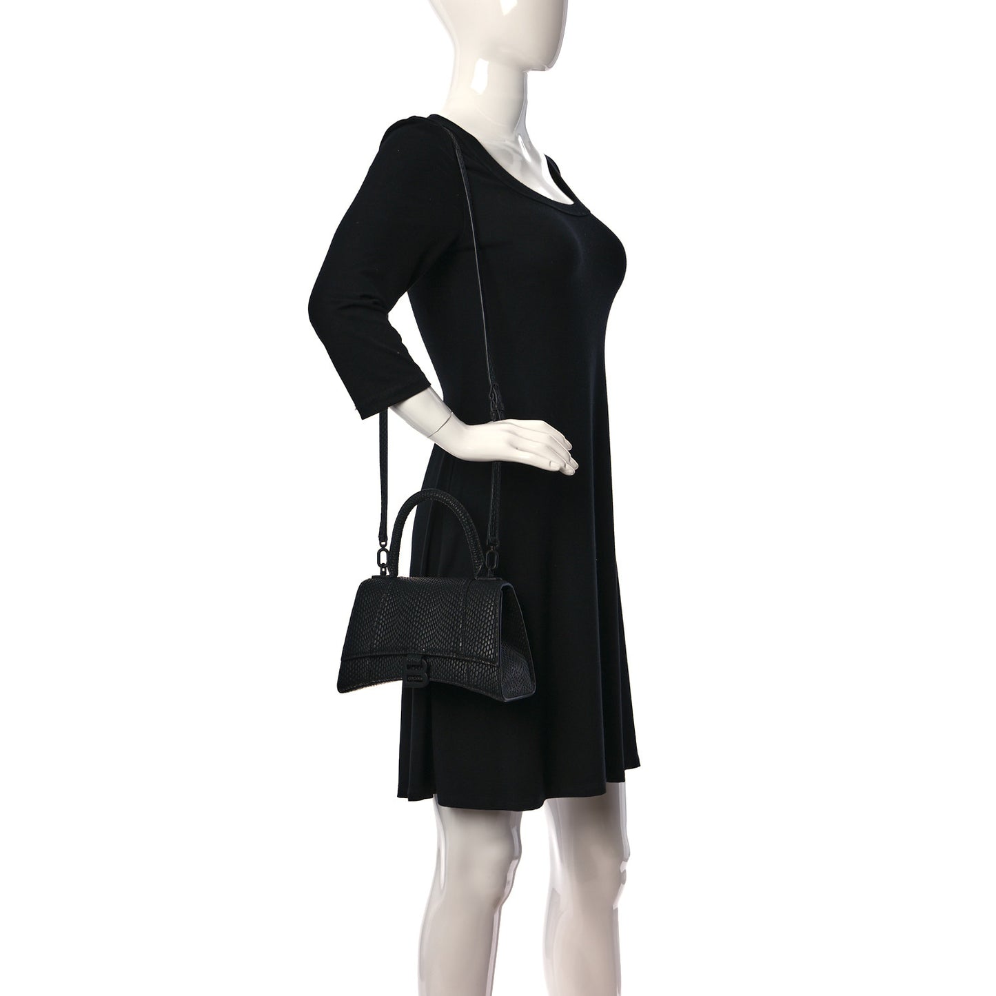 Matte Calfskin Viper Effect Small Hourglass Top Handle Bag Black