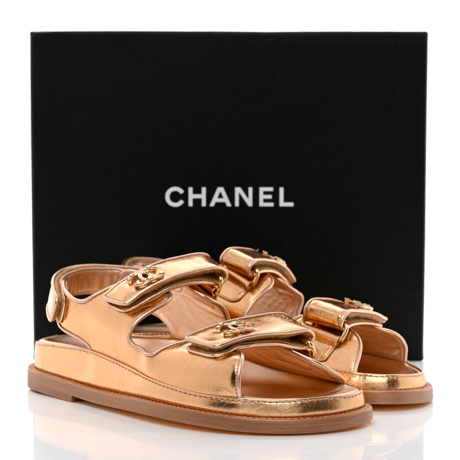 Chanel Metallic Laminated Calfskin Velcro Dad Sandals 37.5 Golden 9 of 9