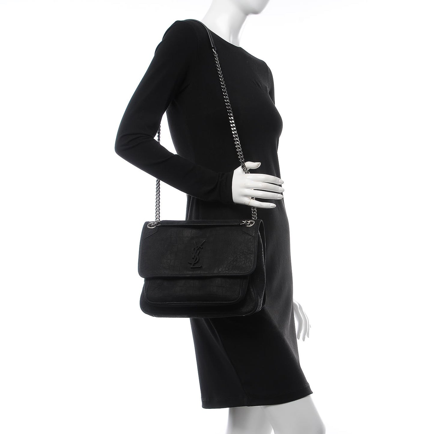 Nubuck Crocodile Embossed Monogram Medium Niki Chain Satchel Black