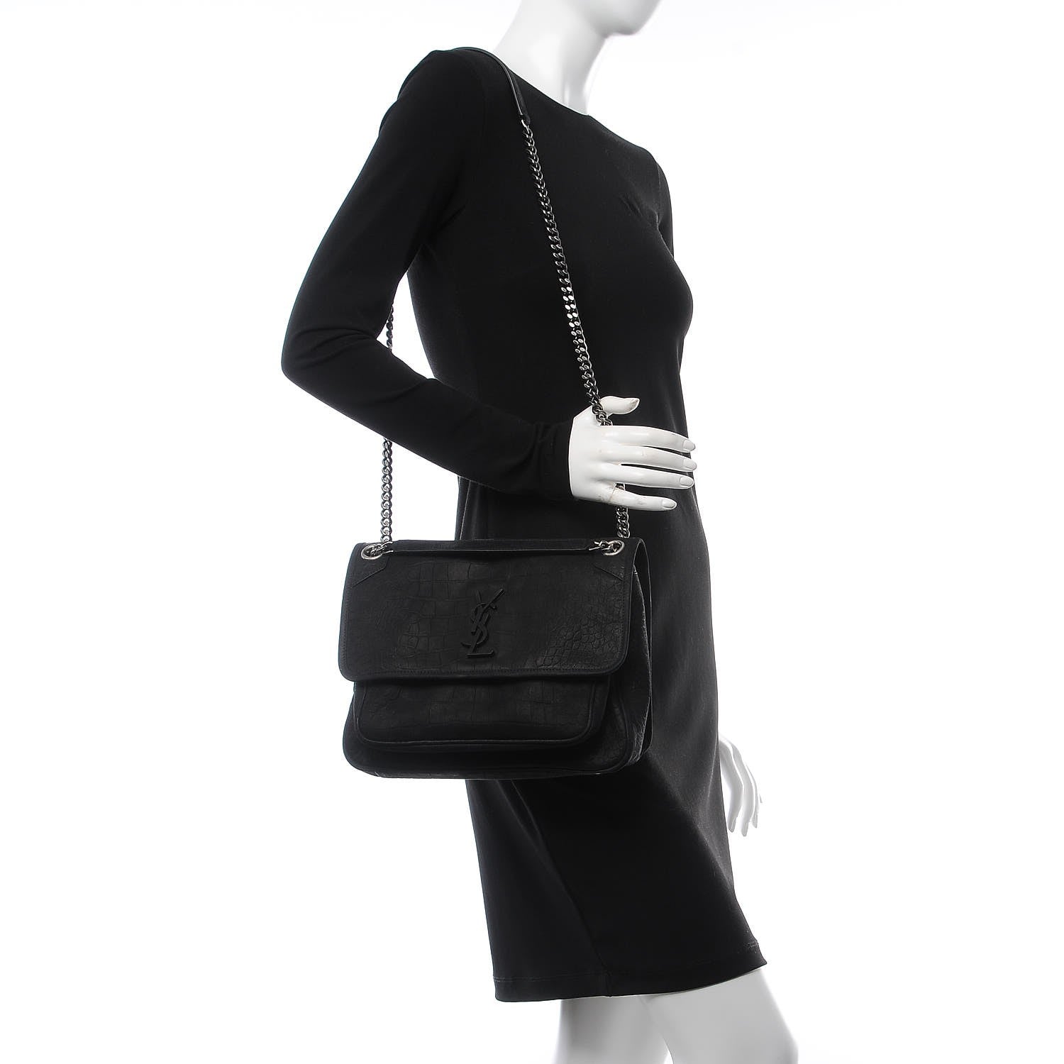 Saint Laurent Nubuck Crocodile Embossed Monogram Medium Niki Chain Satchel Black 2 of 8