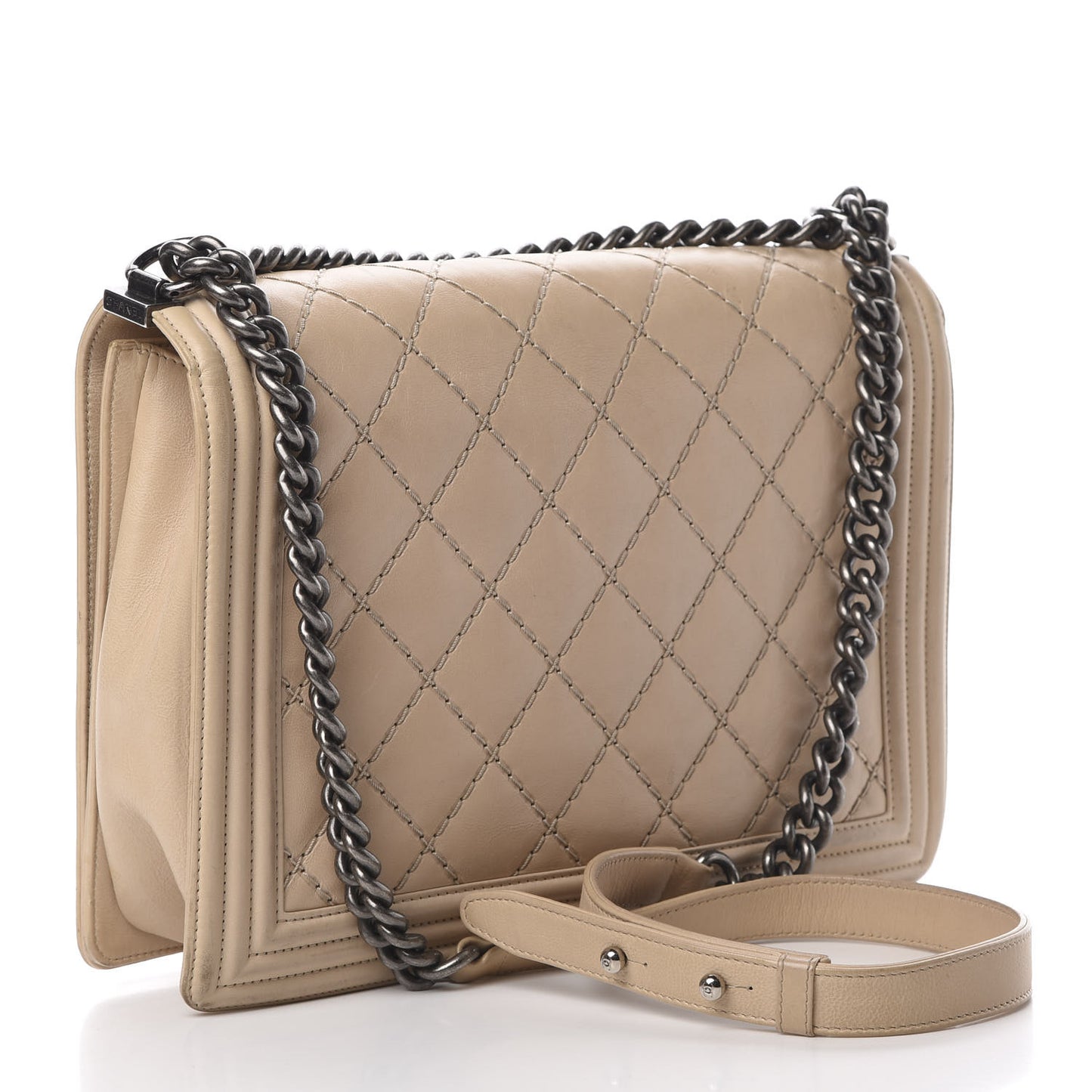 Calfskin Double Stitch Large Boy Flap Beige