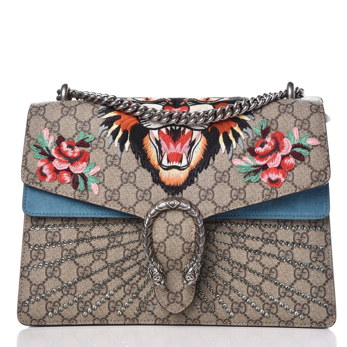 GG Supreme Monogram Angry Cat Embroidered Medium Dionysus Shoulder Bag Beige Ultramarine