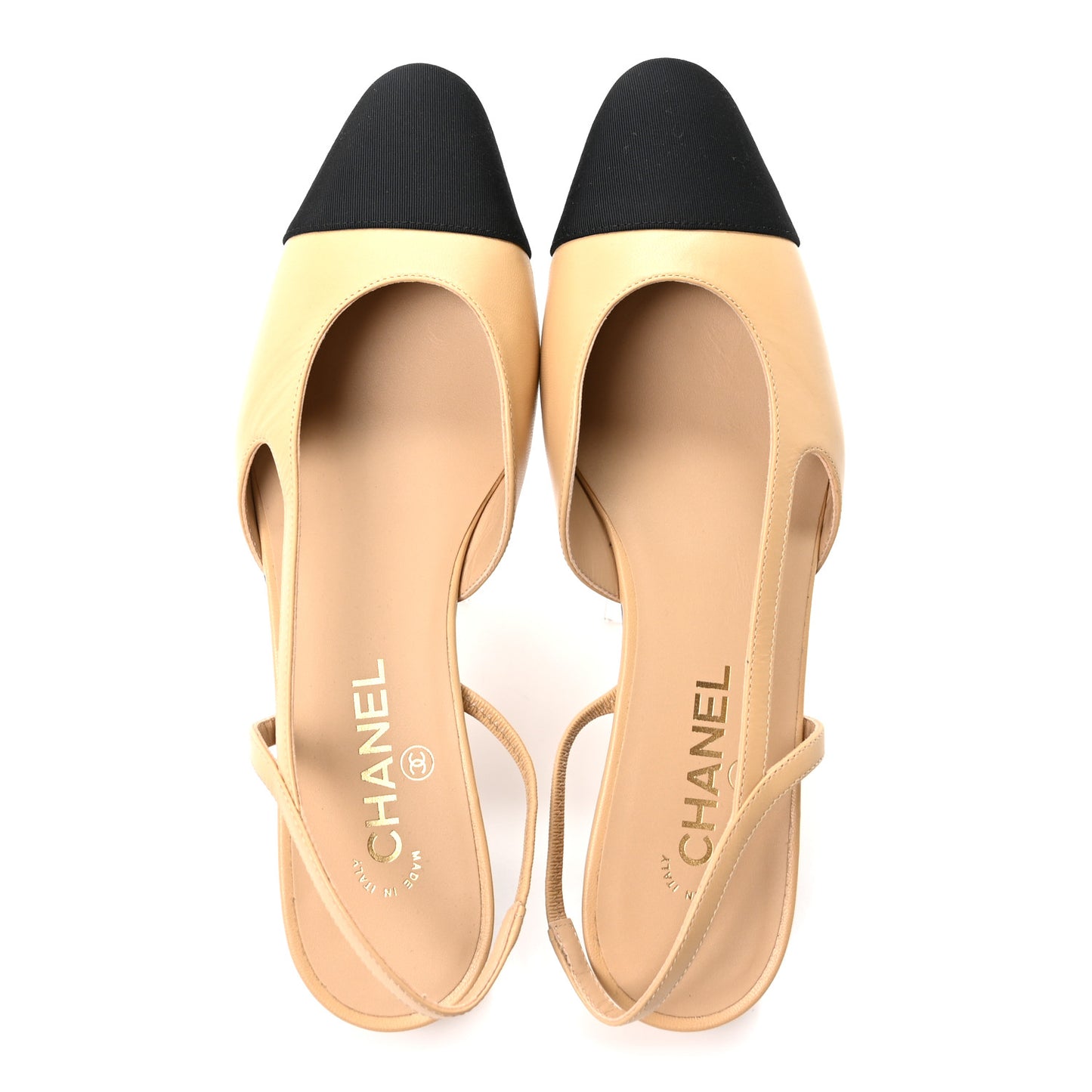 Goatskin Grosgrain Pointed Toe CC Slingback Flats 40.5 Beige Black