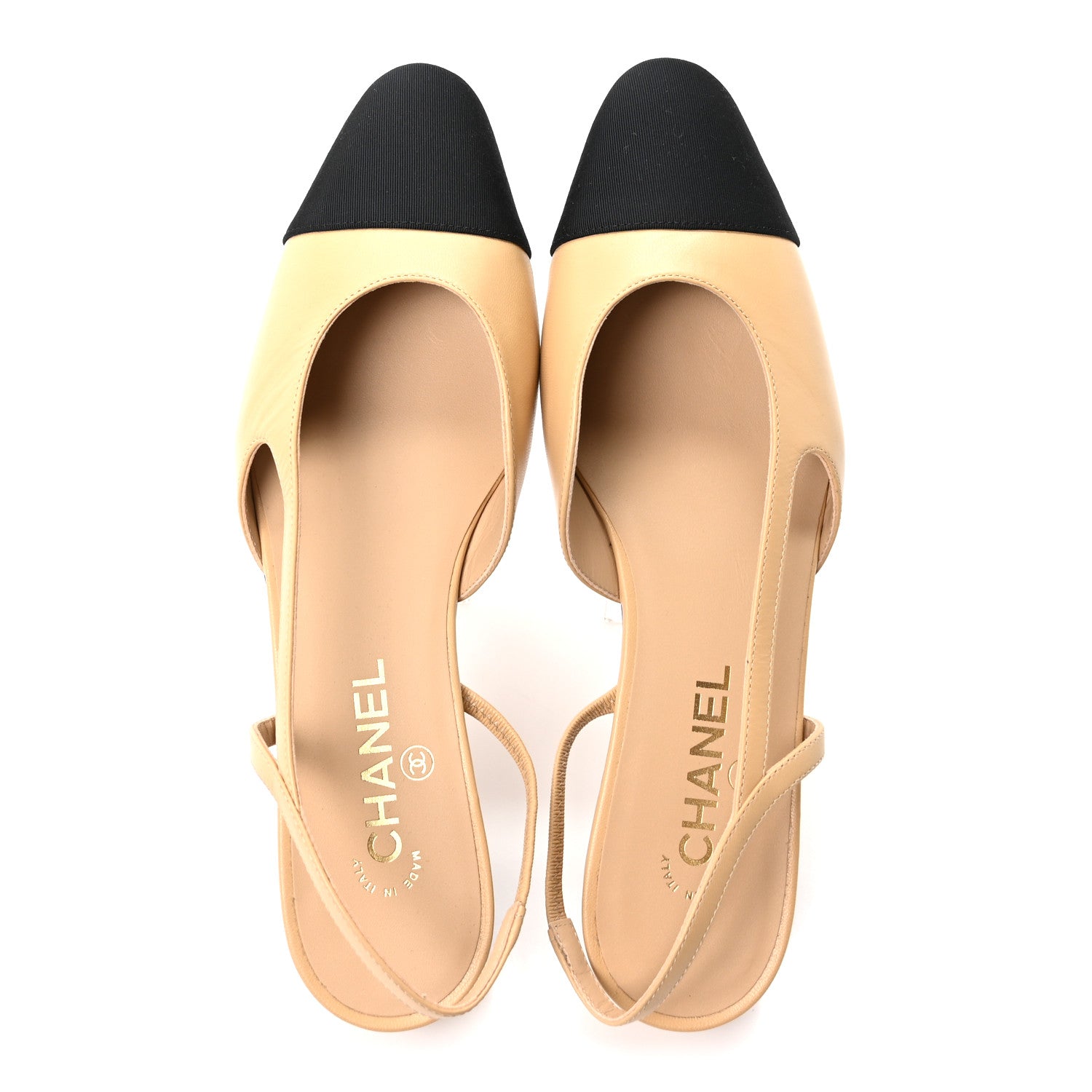 Chanel Goatskin Grosgrain Pointed Toe CC Slingback Flats 40.5 Beige Black 2 of 10