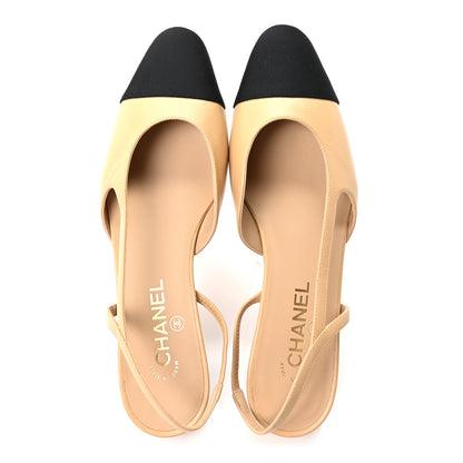 Chanel Goatskin Grosgrain Pointed Toe CC Slingback Flats 40.5 Beige Black 2 of 10