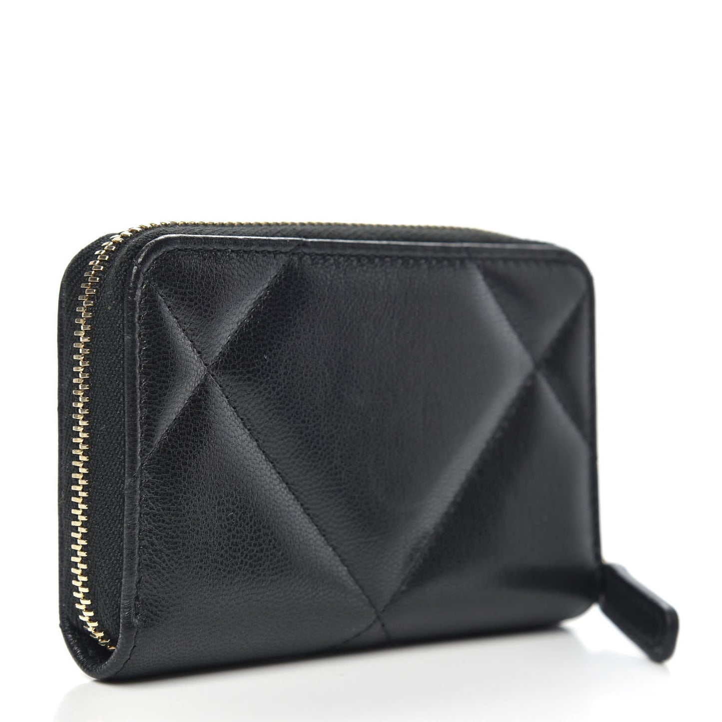 Shiny Goatskin Quilted Chanel 19 Zip Around Coin Purse Wallet Black