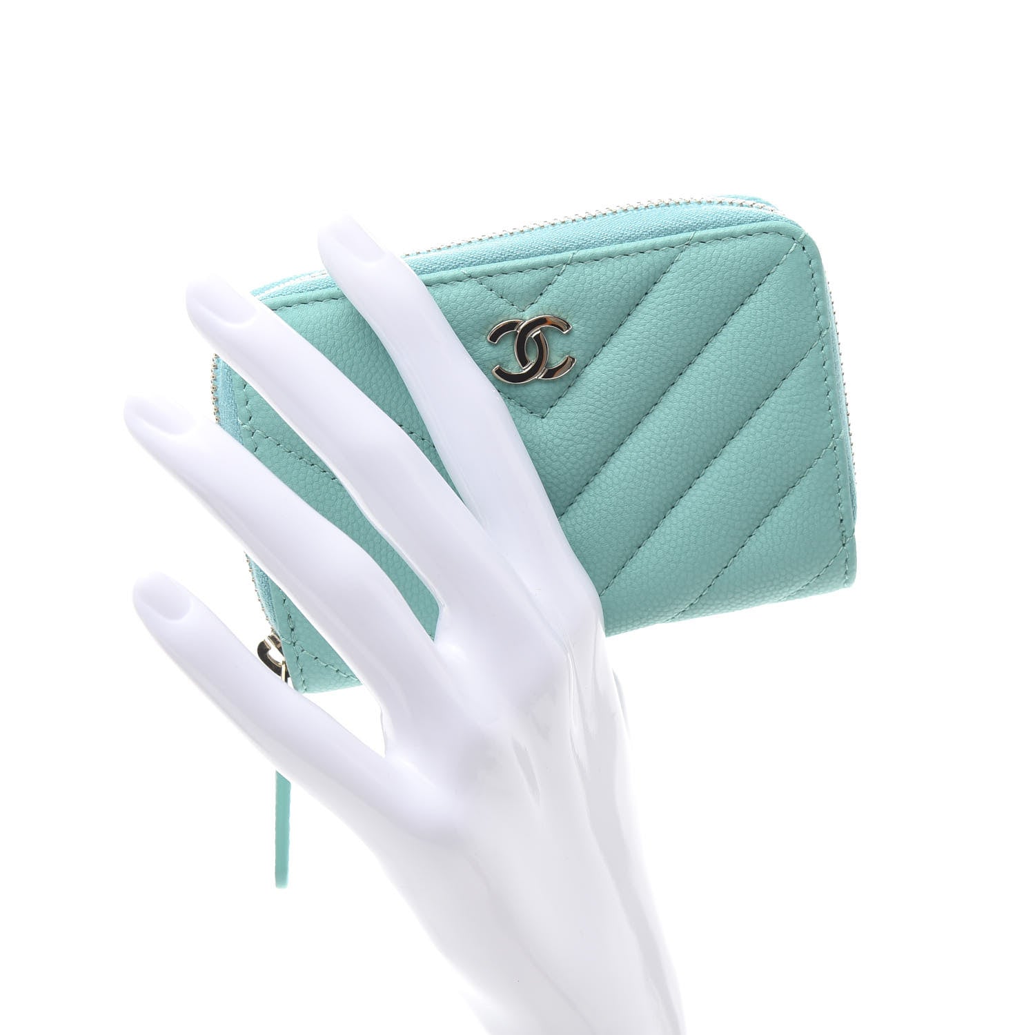 Chanel Caviar Flat Chevron Quilted Zip Coin Purse Green 2 of 8