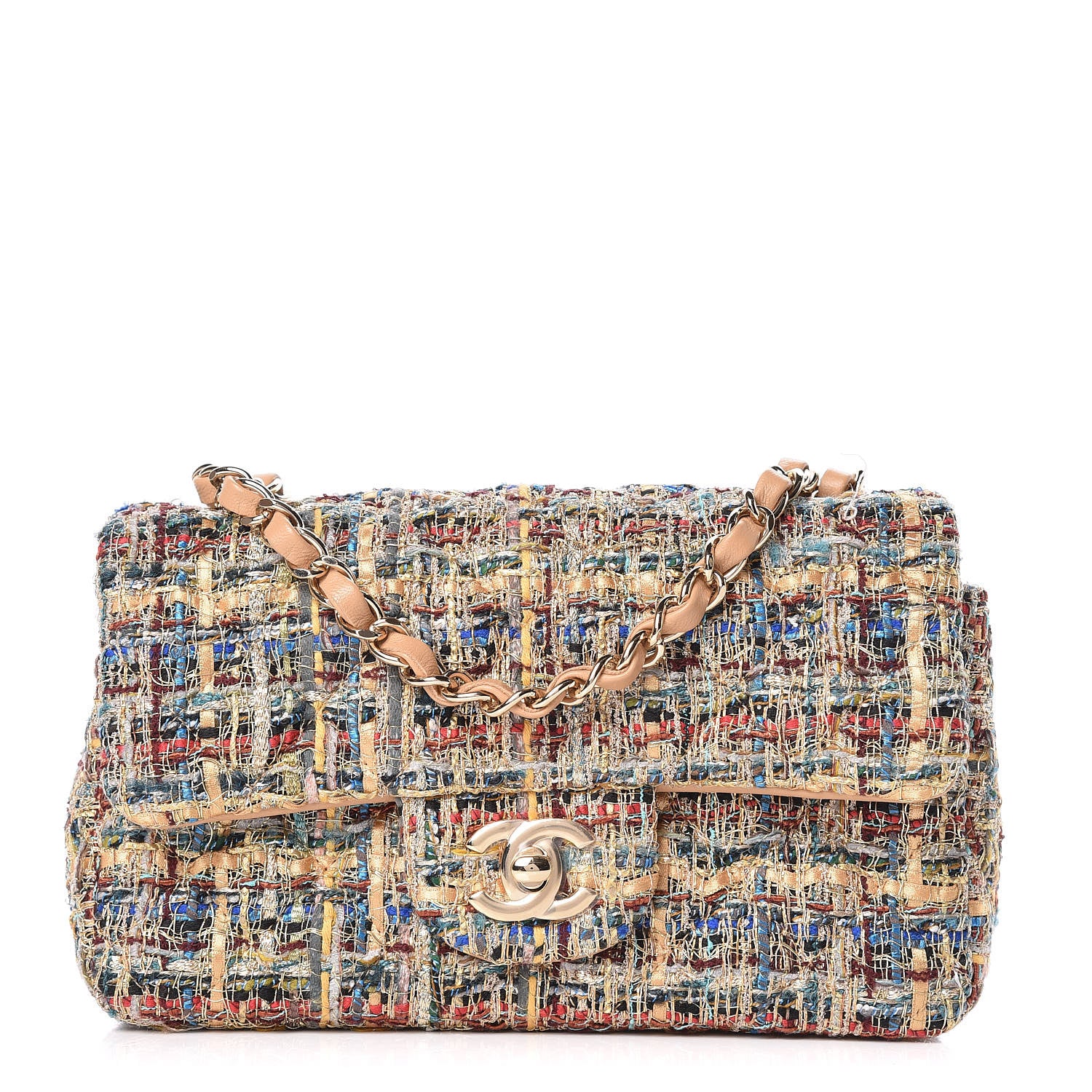 Chanel Tweed Quilted Mini Rectangular Flap Gold Blue 1 of 10