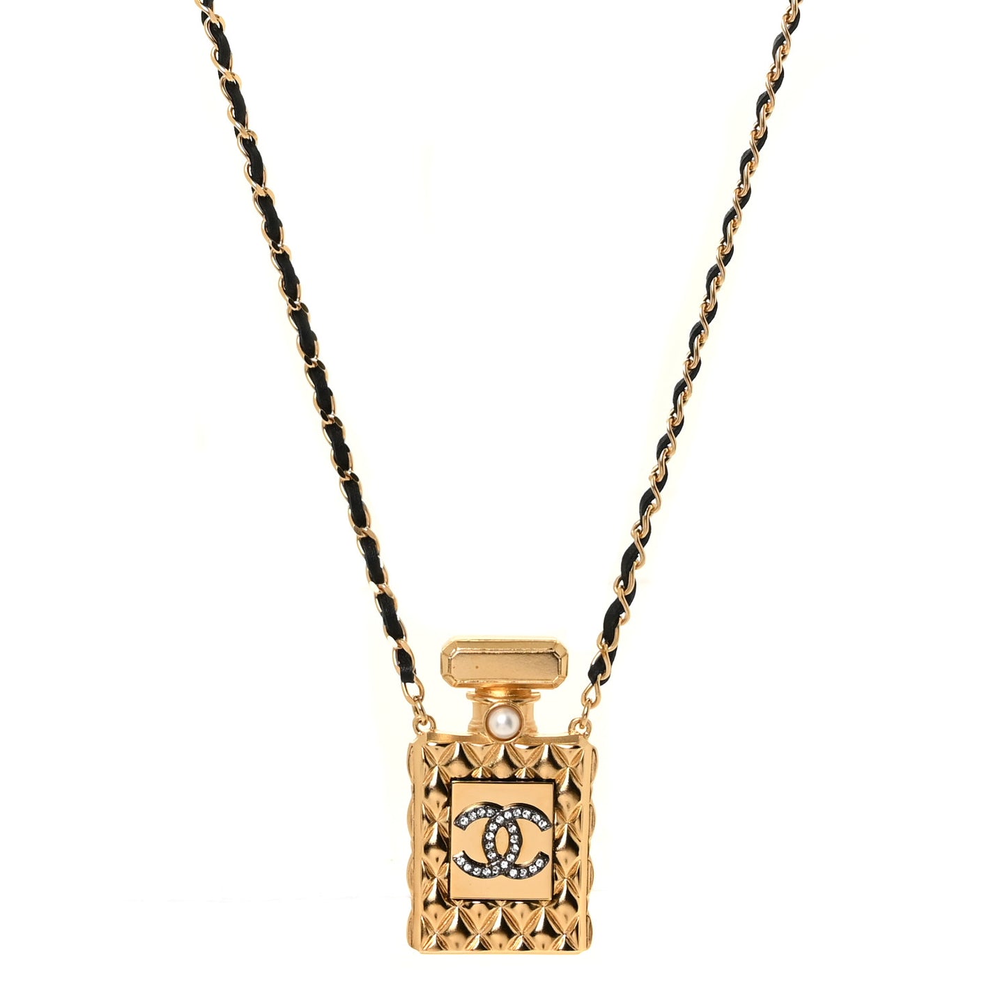 Crystal Pearl Perfume Bottle CC Necklace Black Gold