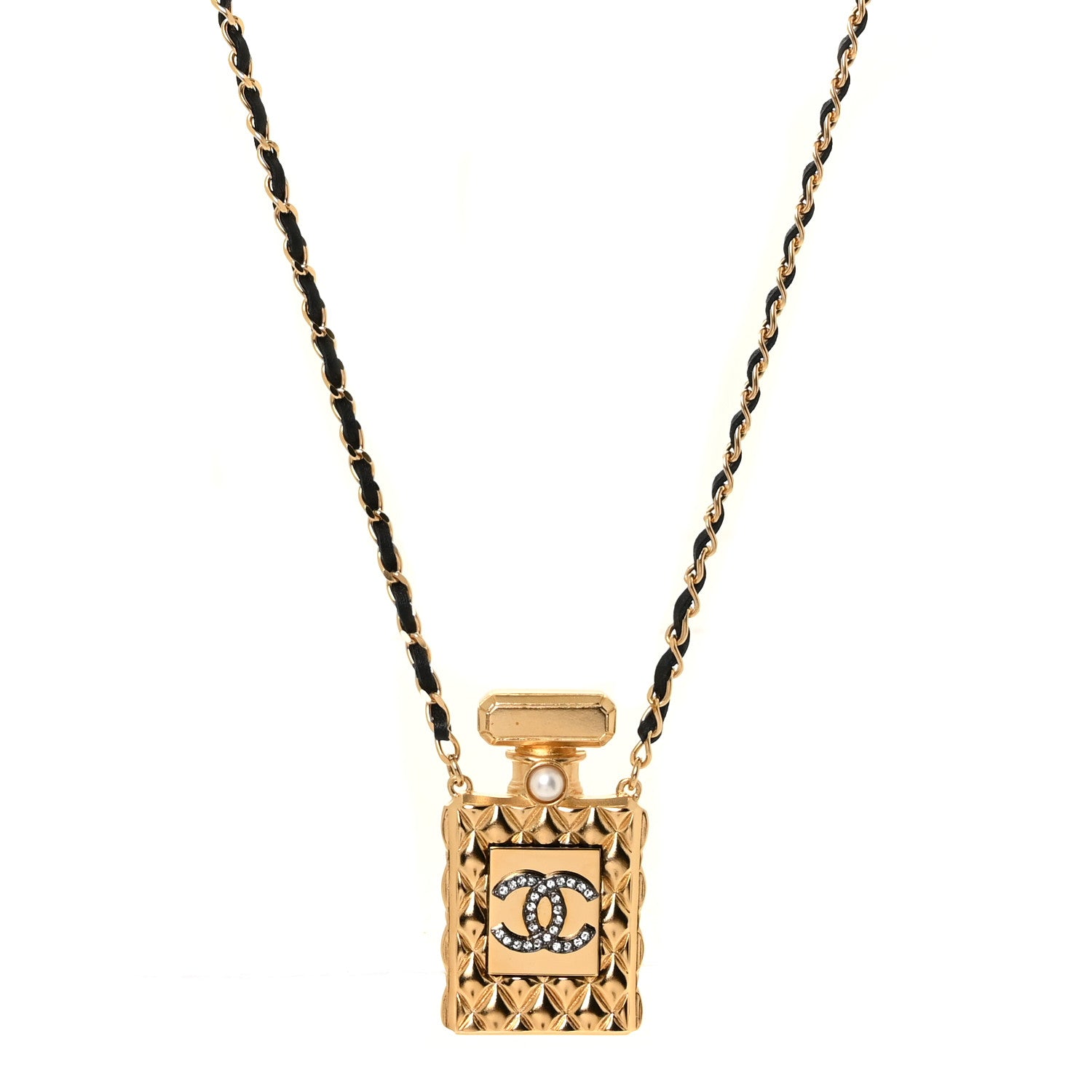 Chanel Crystal Pearl Perfume Bottle CC Necklace Black Gold 1 of 4