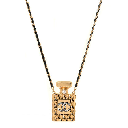 Chanel Crystal Pearl Perfume Bottle CC Necklace Black Gold 1 of 4