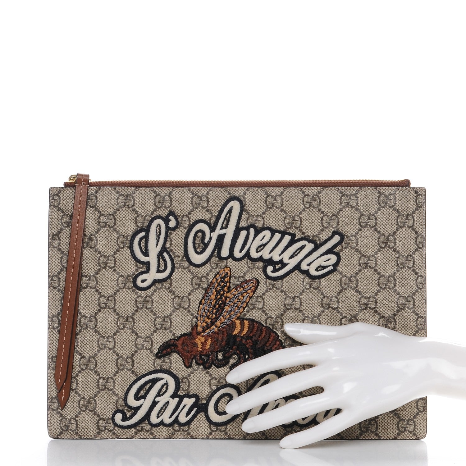 Gucci Calfskin GG Supreme Monogram Blind for Love Embroidered Large Zip Pouch Brown 2 of 8
