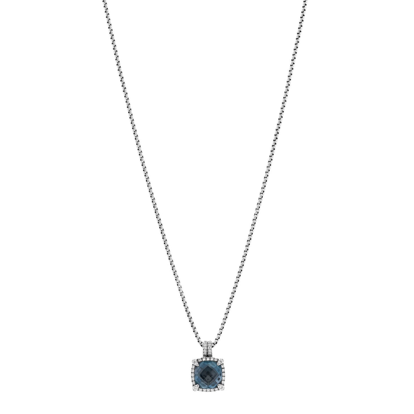 Sterling Silver Diamond Blue Topaz 9mm Chatelaine Pave Bezel Pendant Necklace