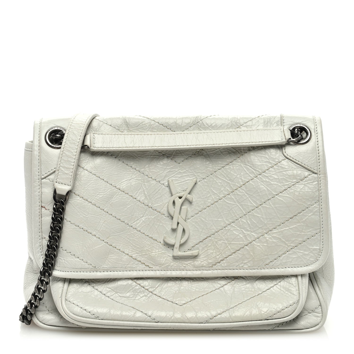 Saint Laurent Crinkled Calfskin Matelasse Monogram Medium Niki Chain Satchel Dirty White 1 of 8