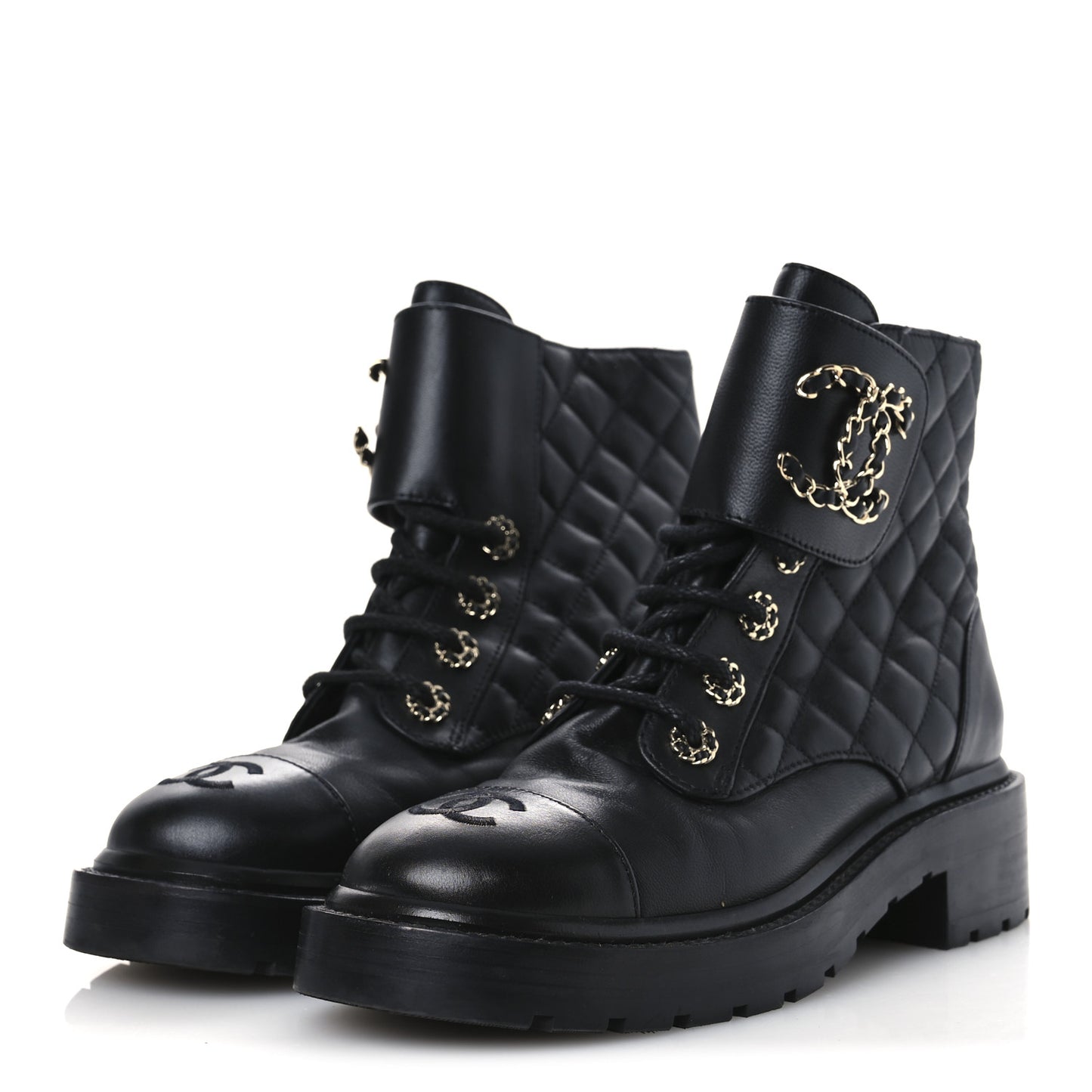 Shiny Lambskin Quilted Lace Up Combat Boots 36.5 Black