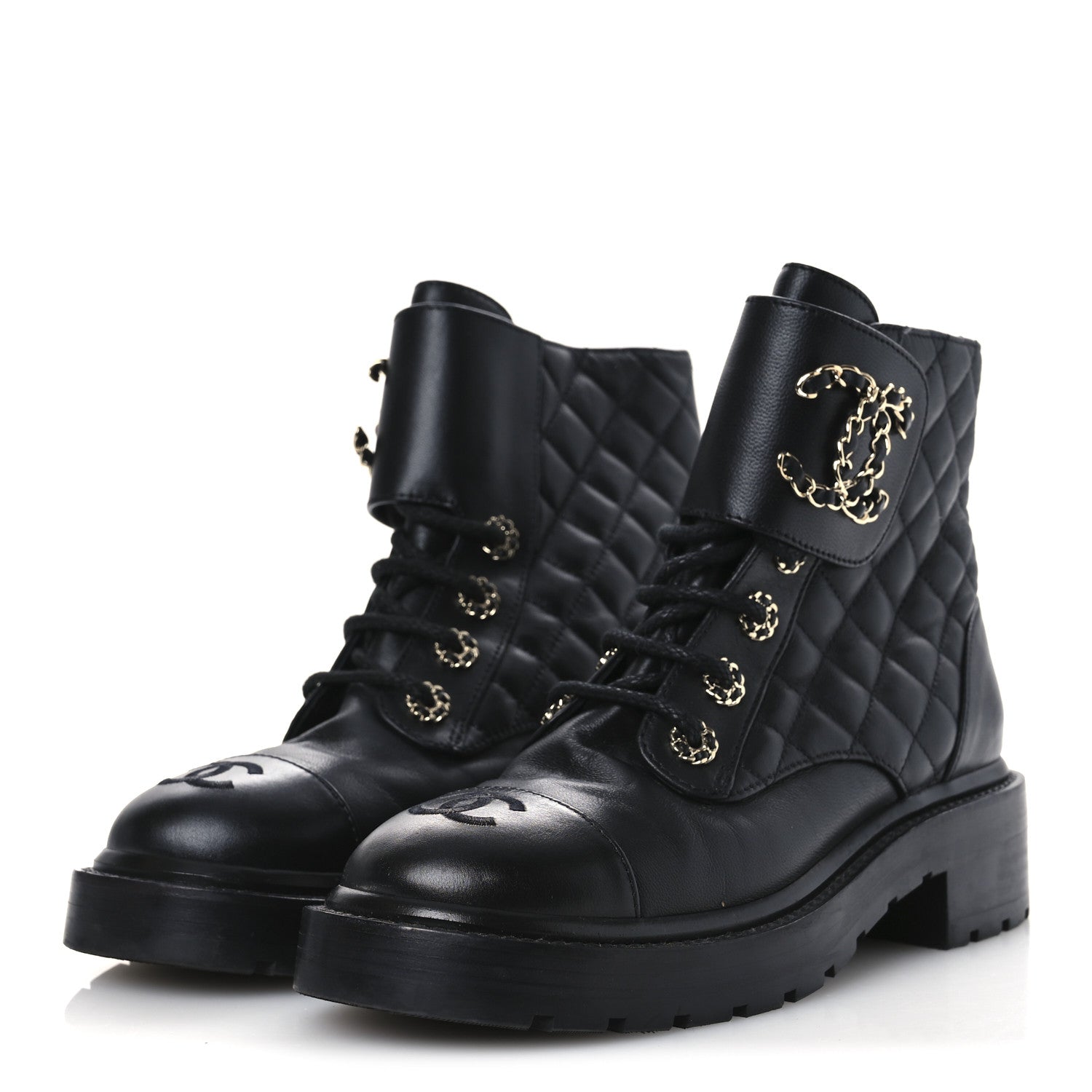 Chanel Shiny Lambskin Quilted Lace Up Combat Boots 36.5 Black 4 of 12
