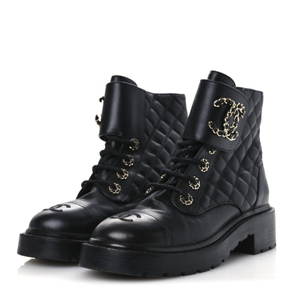 Chanel Shiny Lambskin Quilted Lace Up Combat Boots 36.5 Black 4 of 12