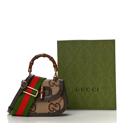 Gucci Monogram Jumbo GG Textured Dollar Calfskin Web Mini Bamboo 1947 Top Handle Bag Camel Ebony New Acero 11 of 11