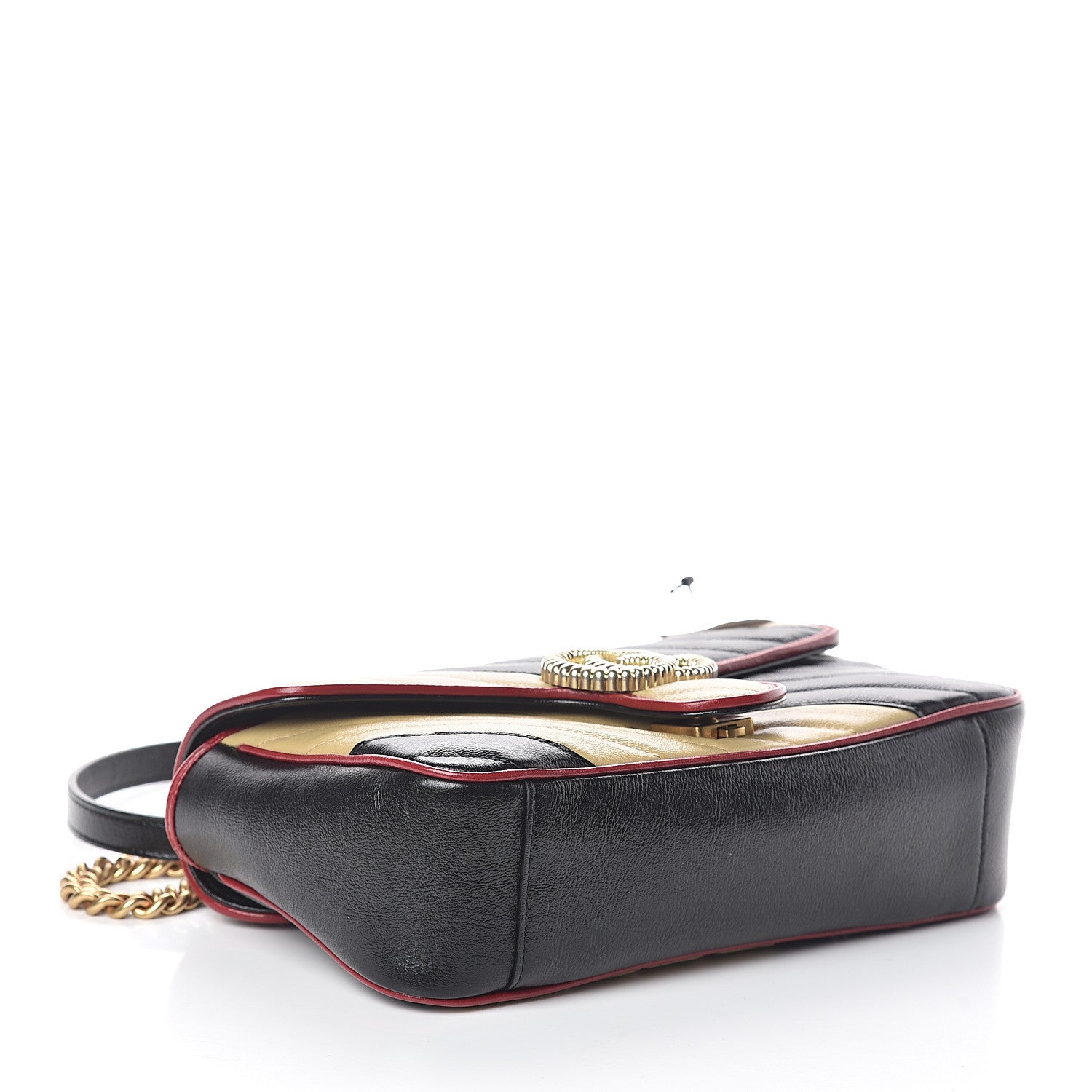 Gucci Vintage Effect Calfskin Matelasse Diagonal Striped Small Torchon GG Marmont Shoulder Bag Black Beige 3 of 7