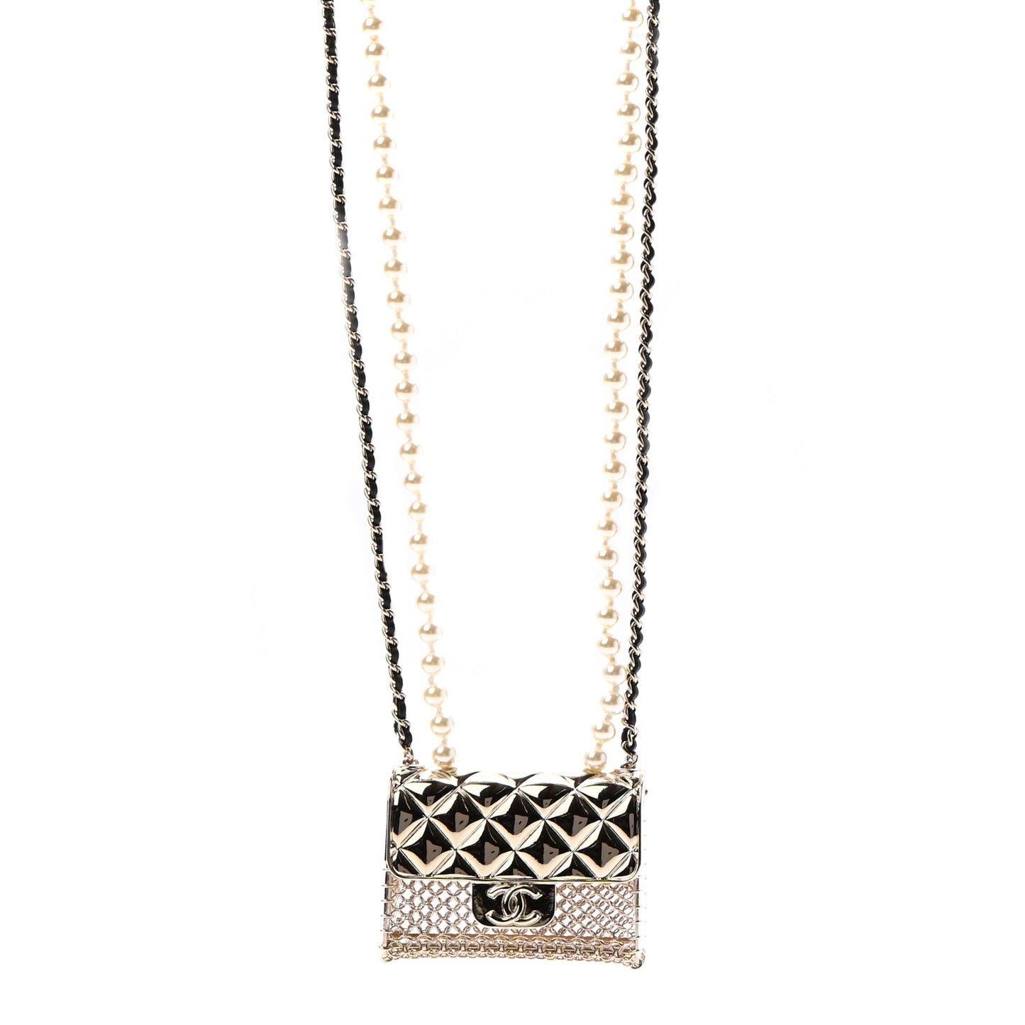 Metal Lambskin Pearl Chain Flap Bag Long Necklace Gold Black Pearly White