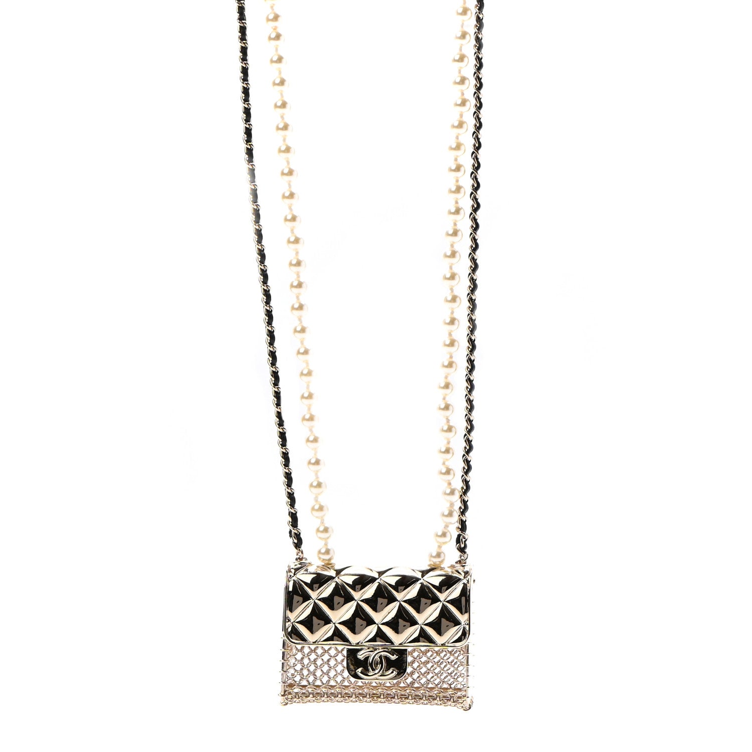 Chanel Metal Lambskin Pearl Chain Flap Bag Long Necklace Gold Black Pearly White 1 of 5
