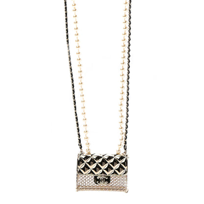 Chanel Metal Lambskin Pearl Chain Flap Bag Long Necklace Gold Black Pearly White 1 of 5