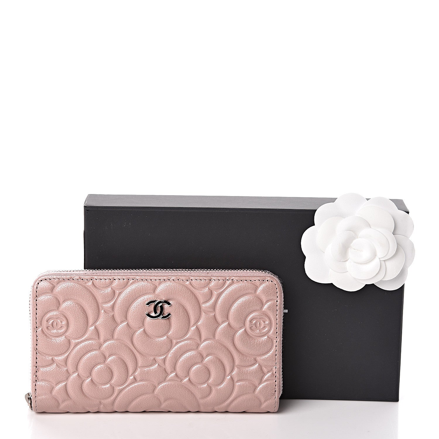 Chanel Goatskin Camellia Embossed Medium Zip Around Wallet Light Pink 9 of 9