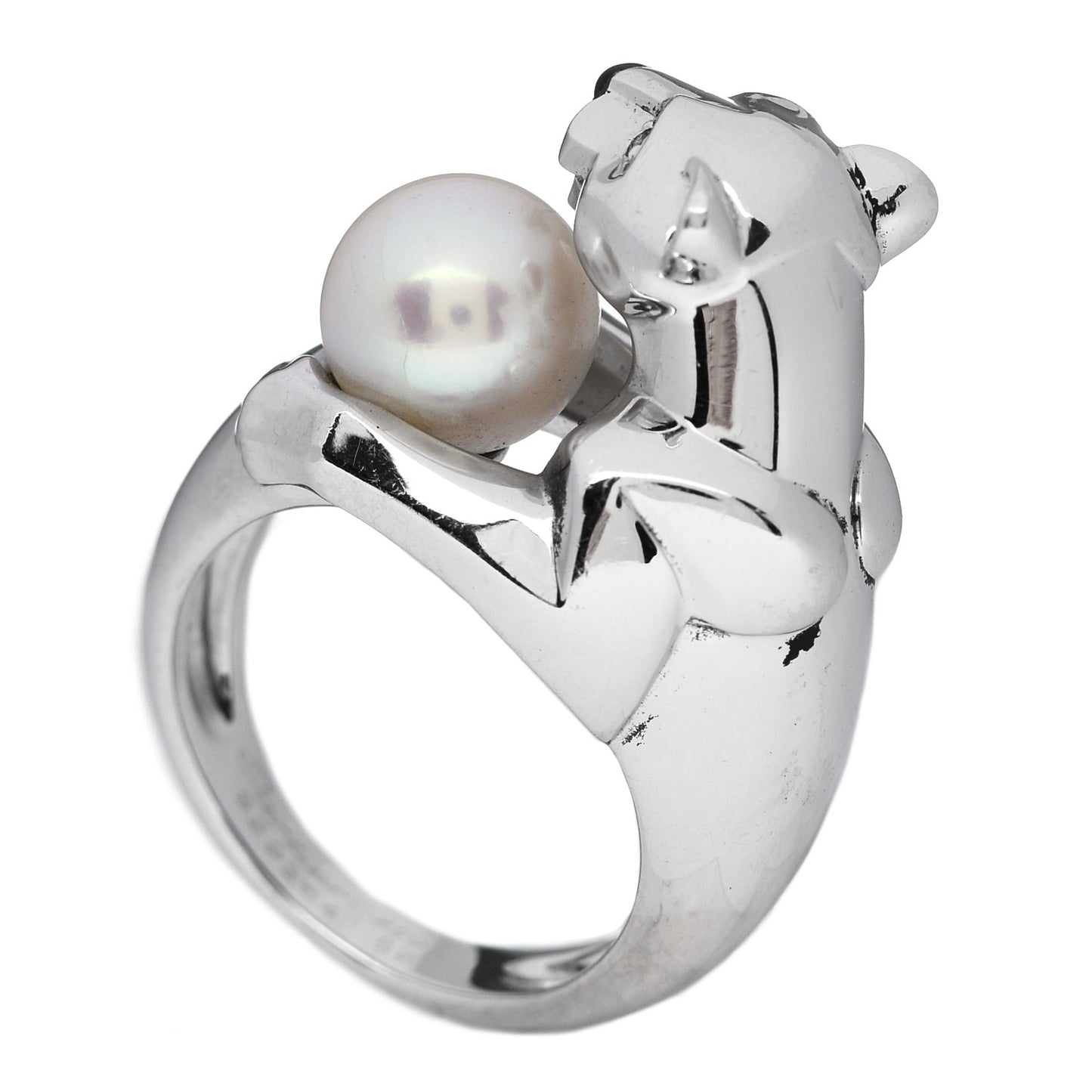 18K White Gold Pearl Black Onyx Emerald Panthere De Cartier Ring 52 6